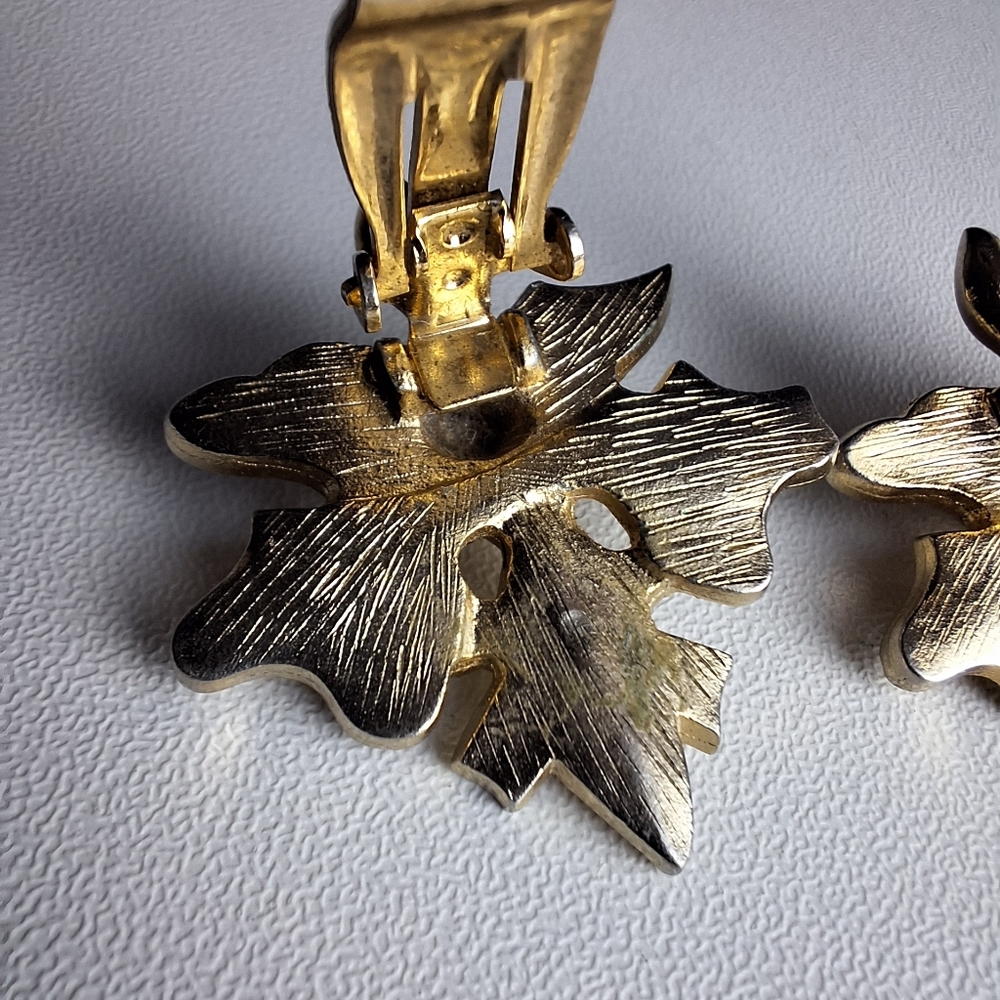 Vintage Pandora Clip On Earrings Floral Leaves Clip On Gold Tone Signed Estate View 6
